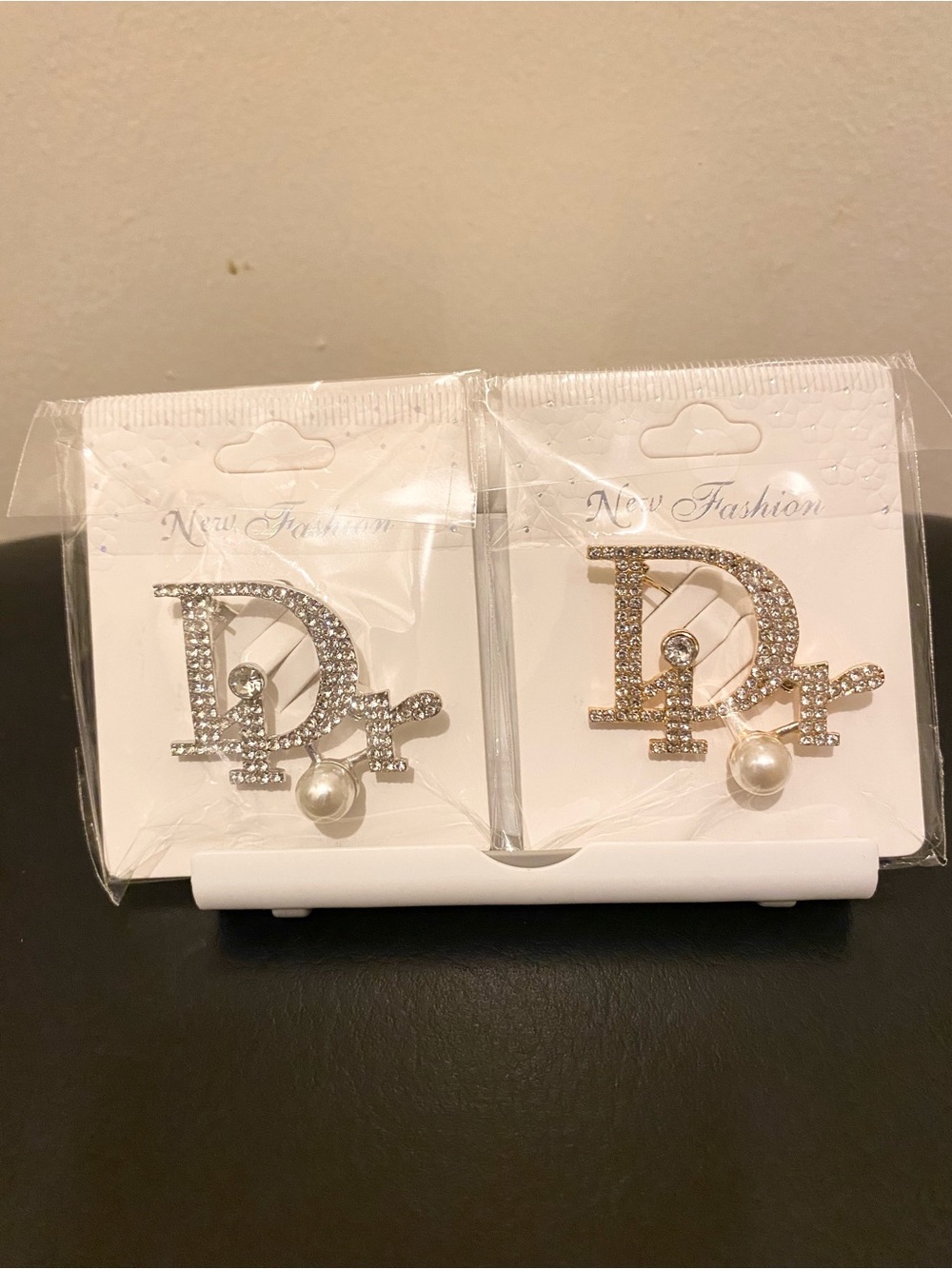 Rhinestone 'D' Pin Brooch with Pearl Accent - Silver & Gold. You choose